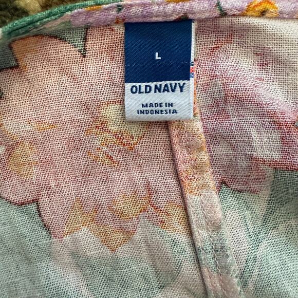 Old Navy Maxi Dress Large Pink Floral Puff Sleeve Linen Cut Out Twist Tie NWT - Picture 10 of 11